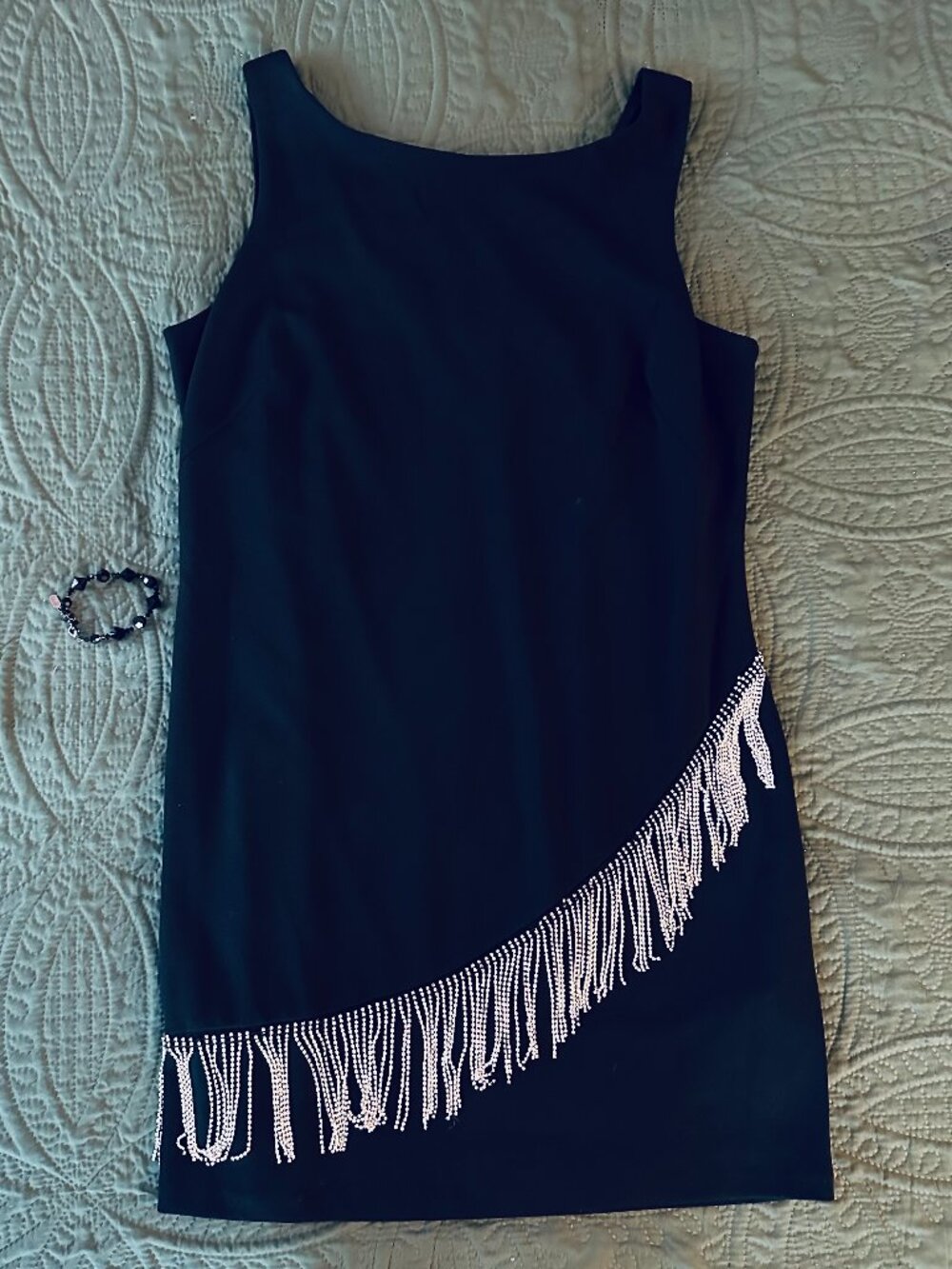 Eliza J Black Rhinestone Fringe Asymmetrical Sheath Dress, size 16 NWT